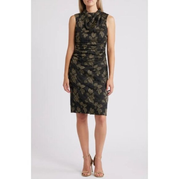 Vince Camuto Women's Black Gold Ruched Metallic Leaf Print Mini Dress Size 8 NWT - Picture 1 of 13